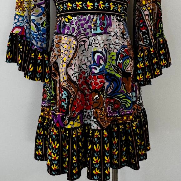 Betsey Johnson Vintage Bambi Printed Surplice Mini Dress 90s Flared Sleeve 6 - Picture 4 of 11